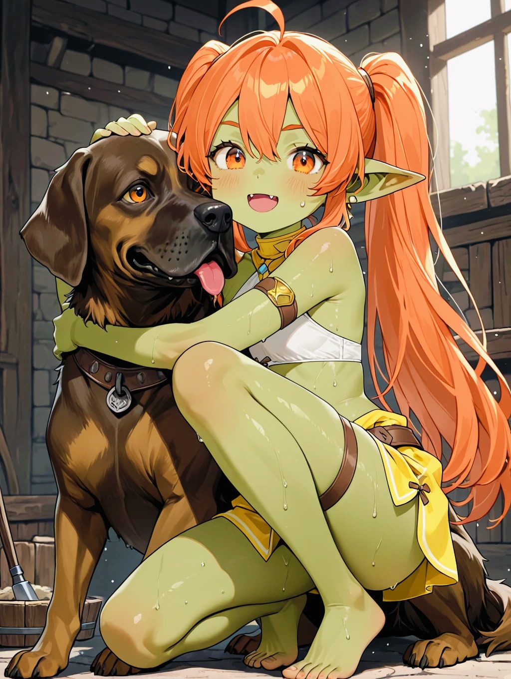 犬たちと戯れる雌ゴブリンのギギ