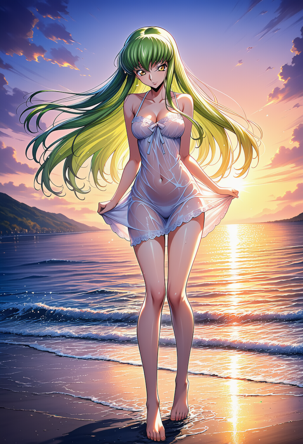 波打ち際で見下ろす少女