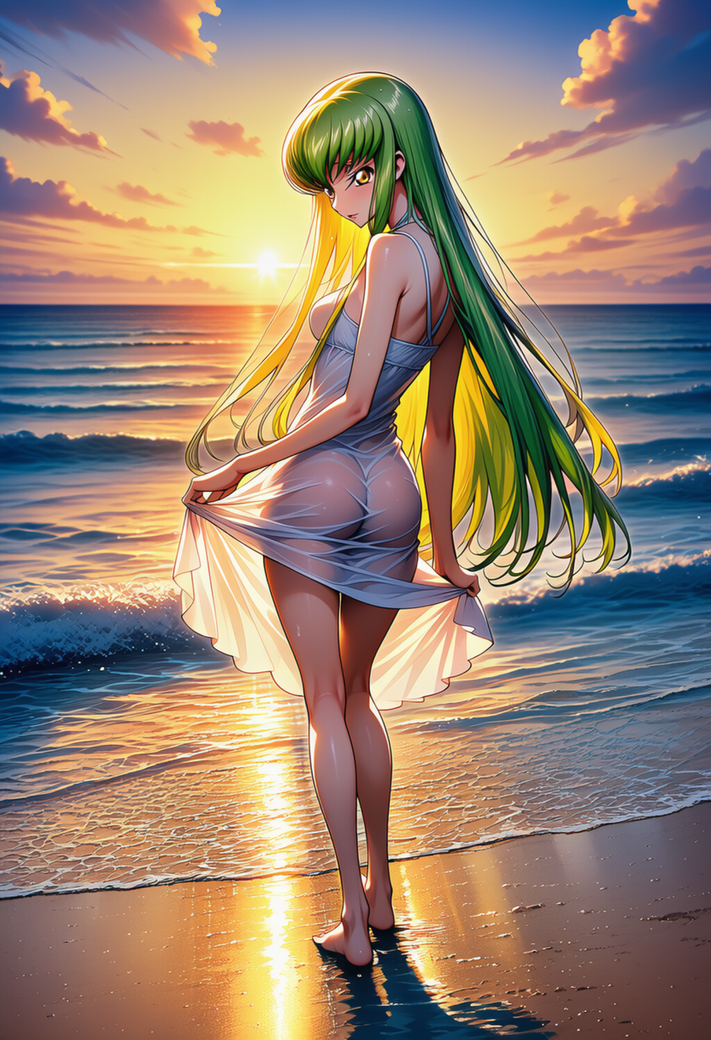 波打ち際で見下ろす少女