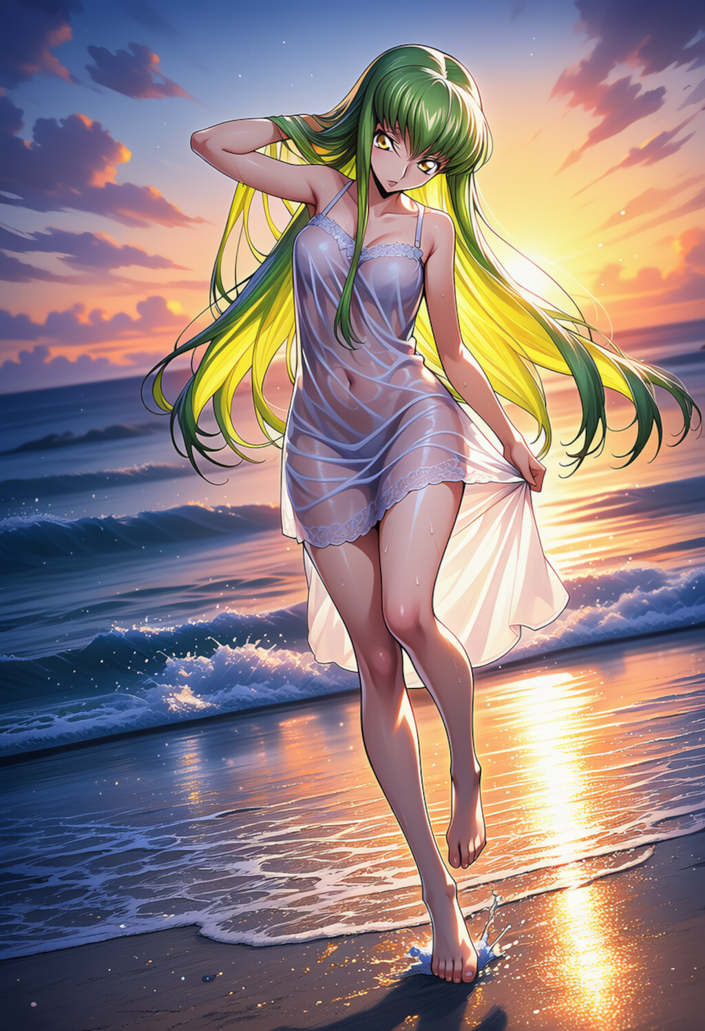 波打ち際で見下ろす少女