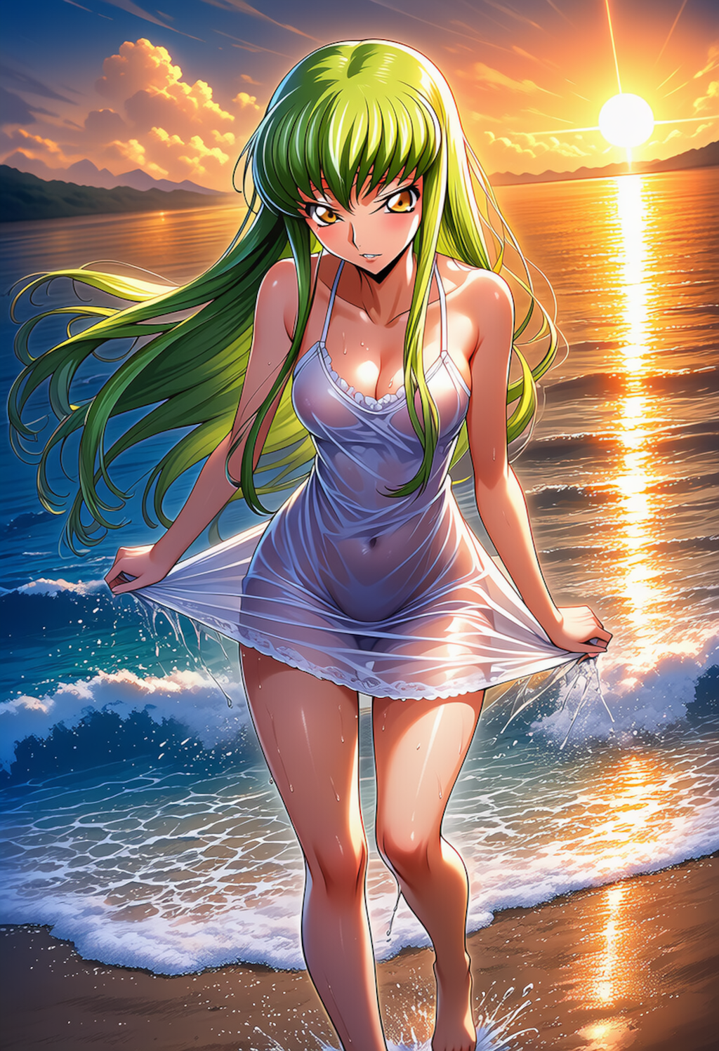 波打ち際で見下ろす少女