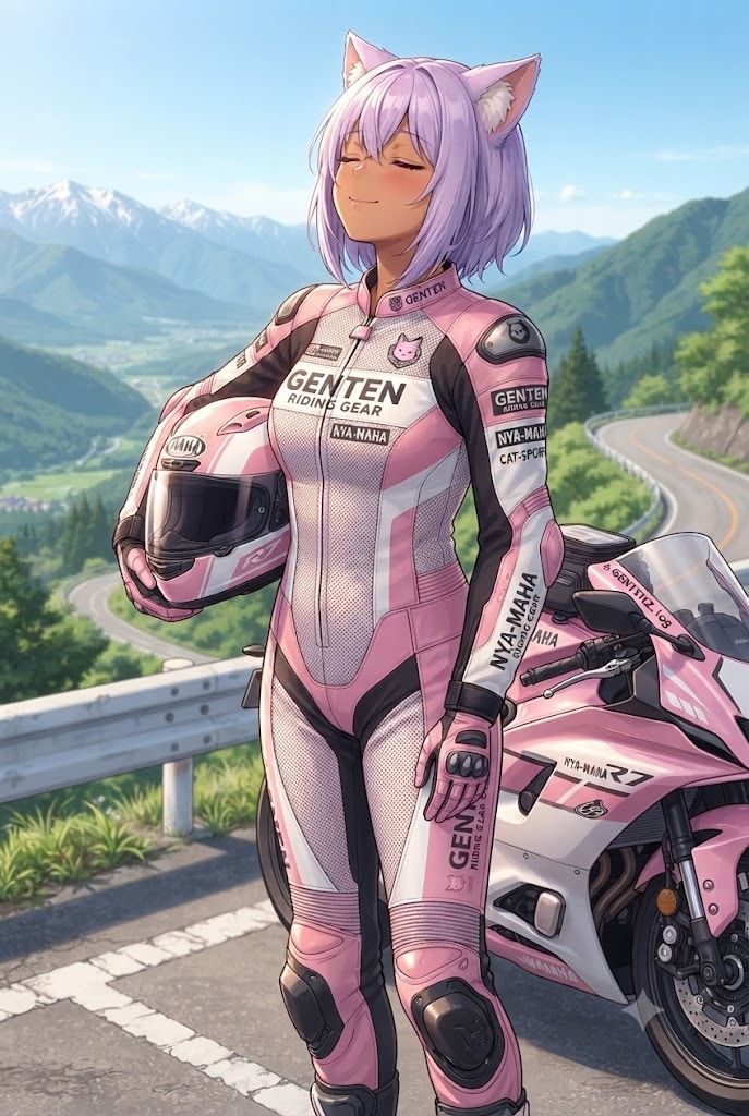 おいしい空気を吸い込むライダースーツの黒ギャルシス