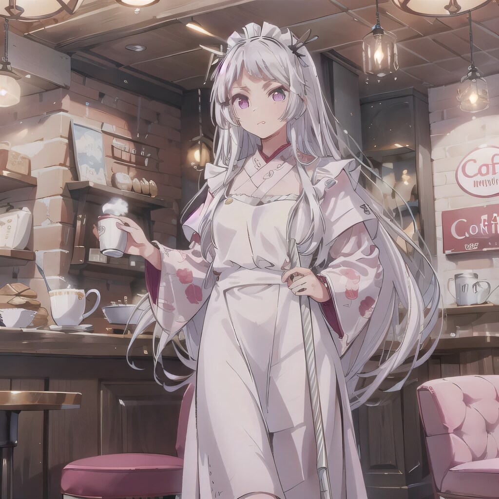 白髪ロングでカフェの少女３