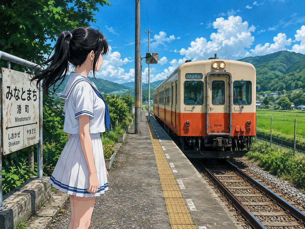 無人駅のホームで電車を待つ女子学生