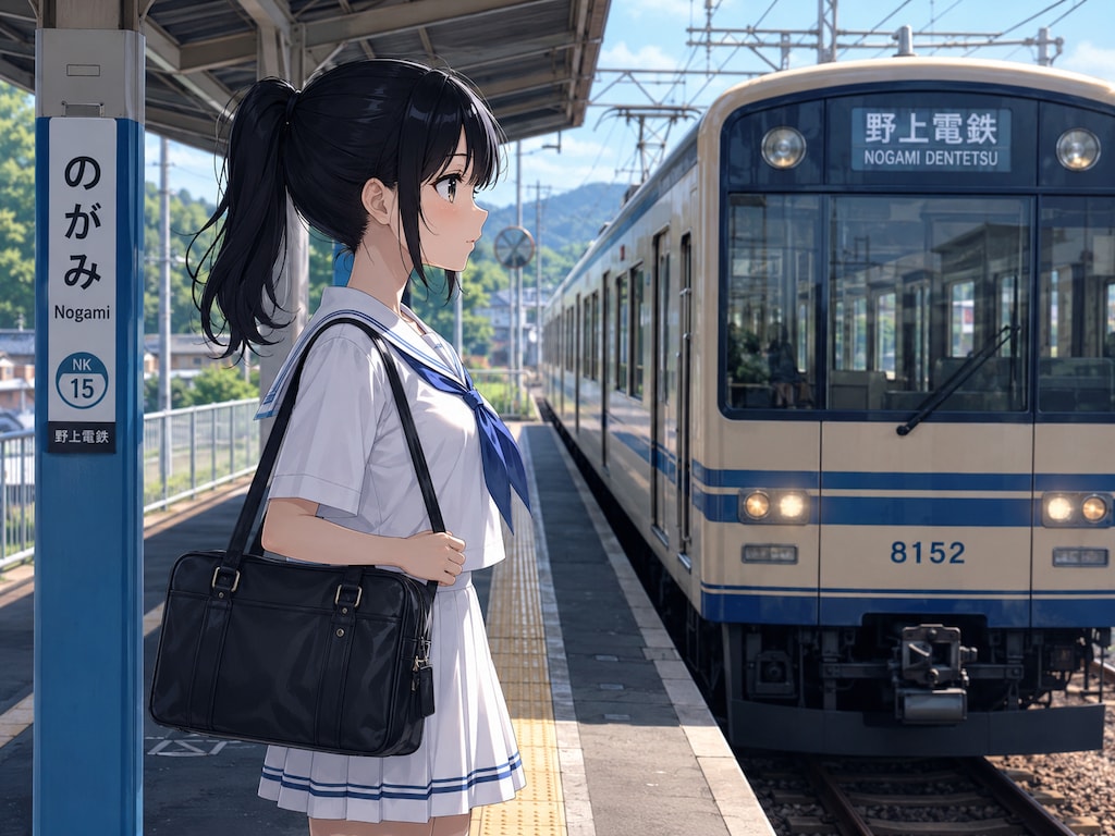 無人駅のホームで電車を待つ女子学生