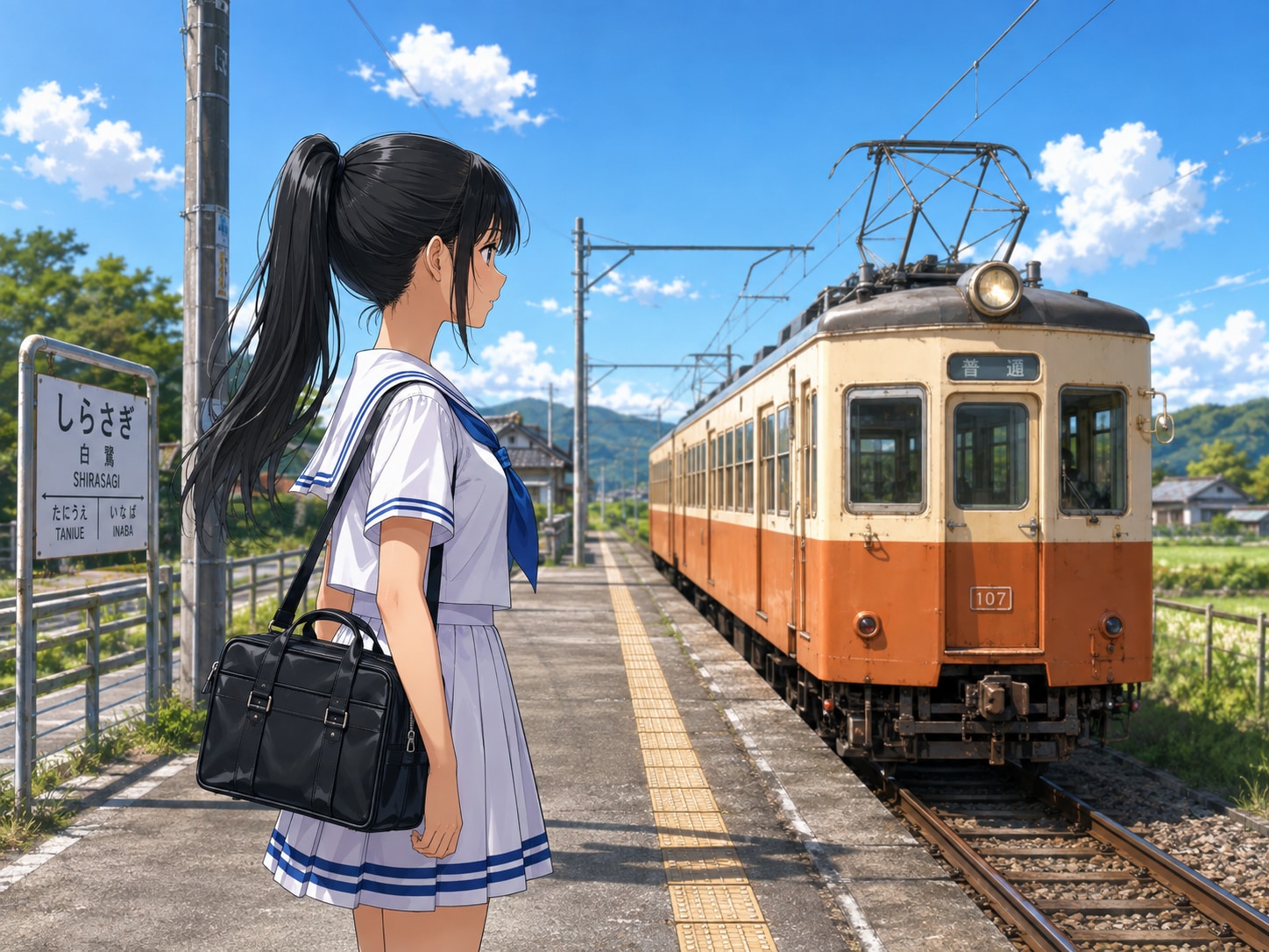 無人駅のホームで電車を待つ女子学生 | の人気AIイラスト・グラビア
