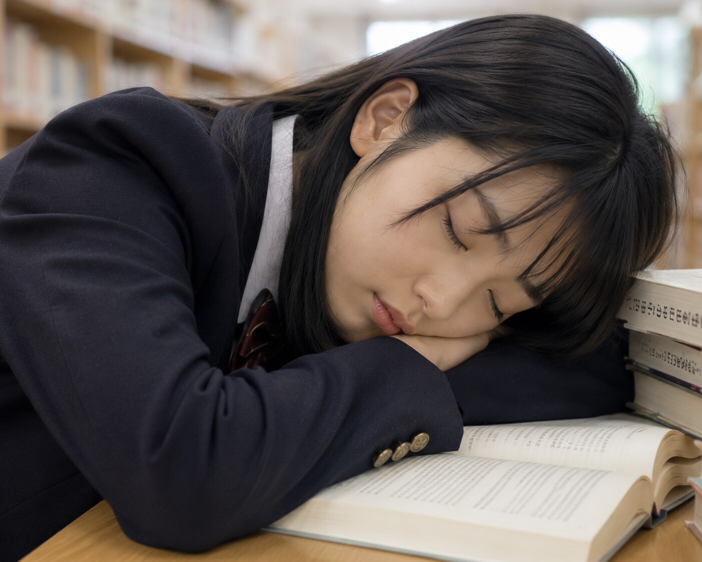 図書館で居眠りする女の子