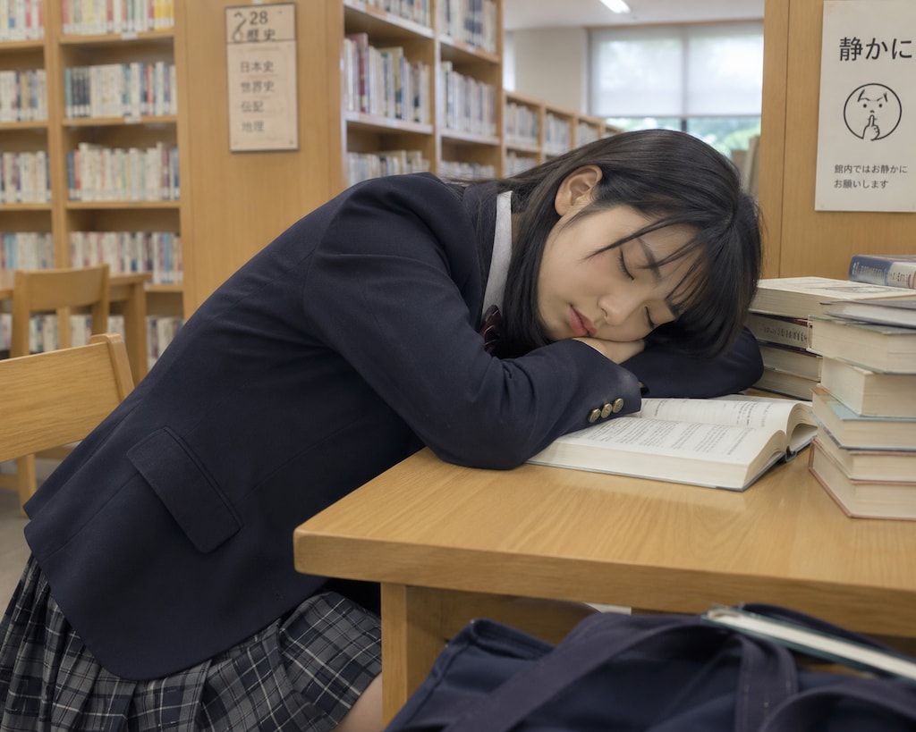 図書館で居眠りする女の子