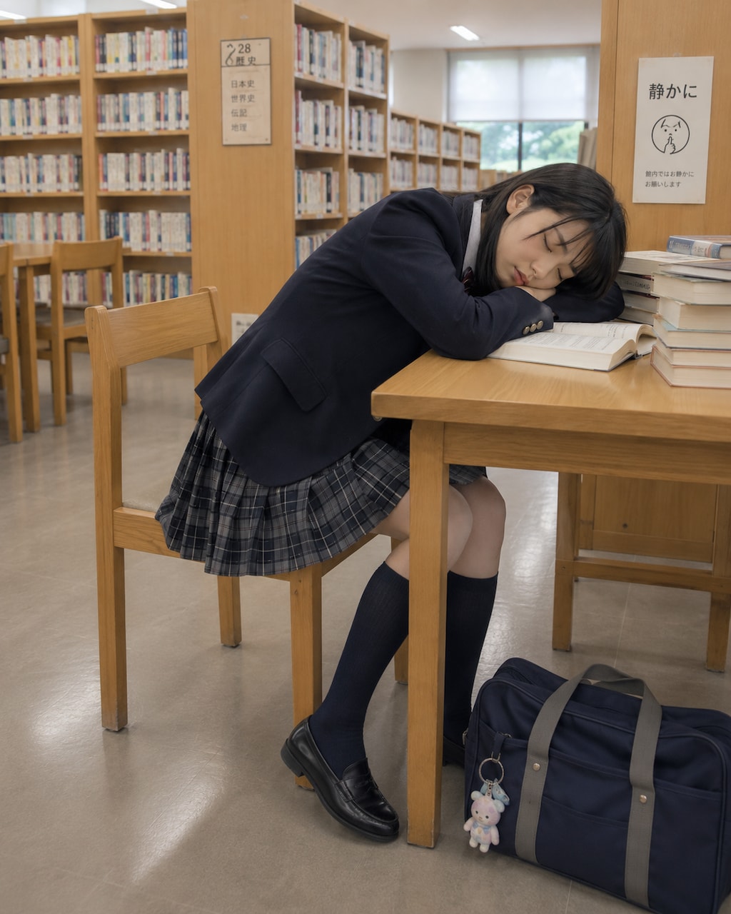 図書館で居眠りする女の子