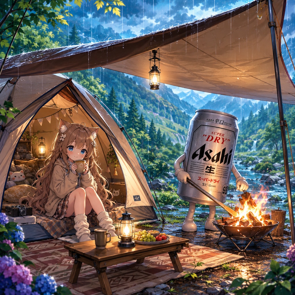 雨の日のキャンプ場の小さな女の子