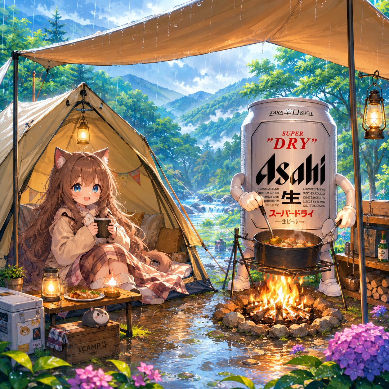 雨の日のキャンプ場の小さな女の子 | の人気AIイラスト・グラビア