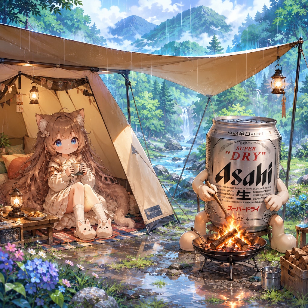 雨の日のキャンプ場の小さな女の子