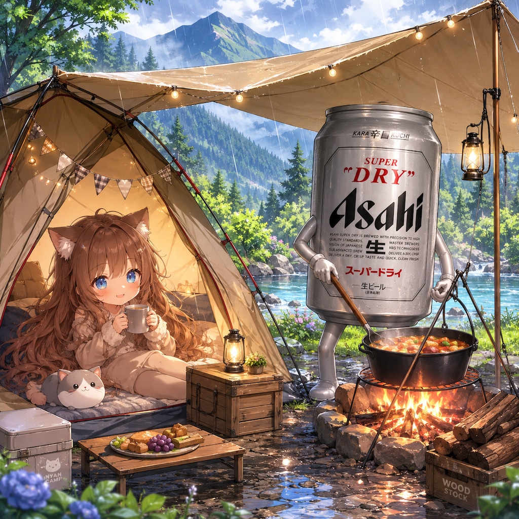 雨の日のキャンプ場の小さな女の子