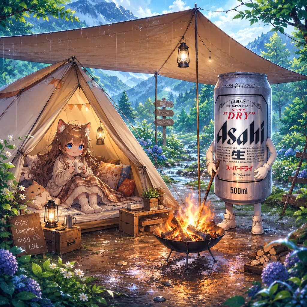 雨の日のキャンプ場の小さな女の子