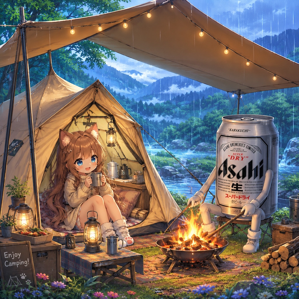 雨の日のキャンプ場の小さな女の子