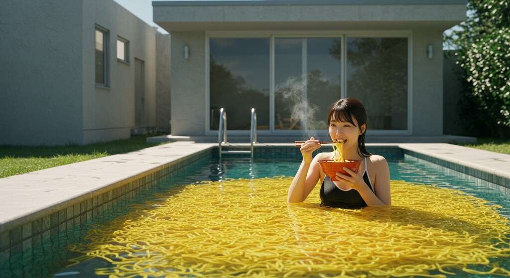 屋外プールがラーメンに！？夢の国、現る！解放感MAXで、ラーメンを食す🤤 画像生成AI、天才か…。
