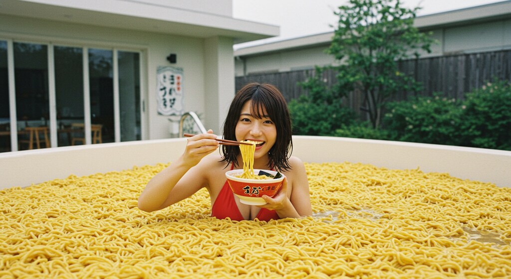 屋外プールがラーメンに！？夢の国、現る！解放感MAXで、ラーメンを食す🤤 画像生成AI、天才か…。