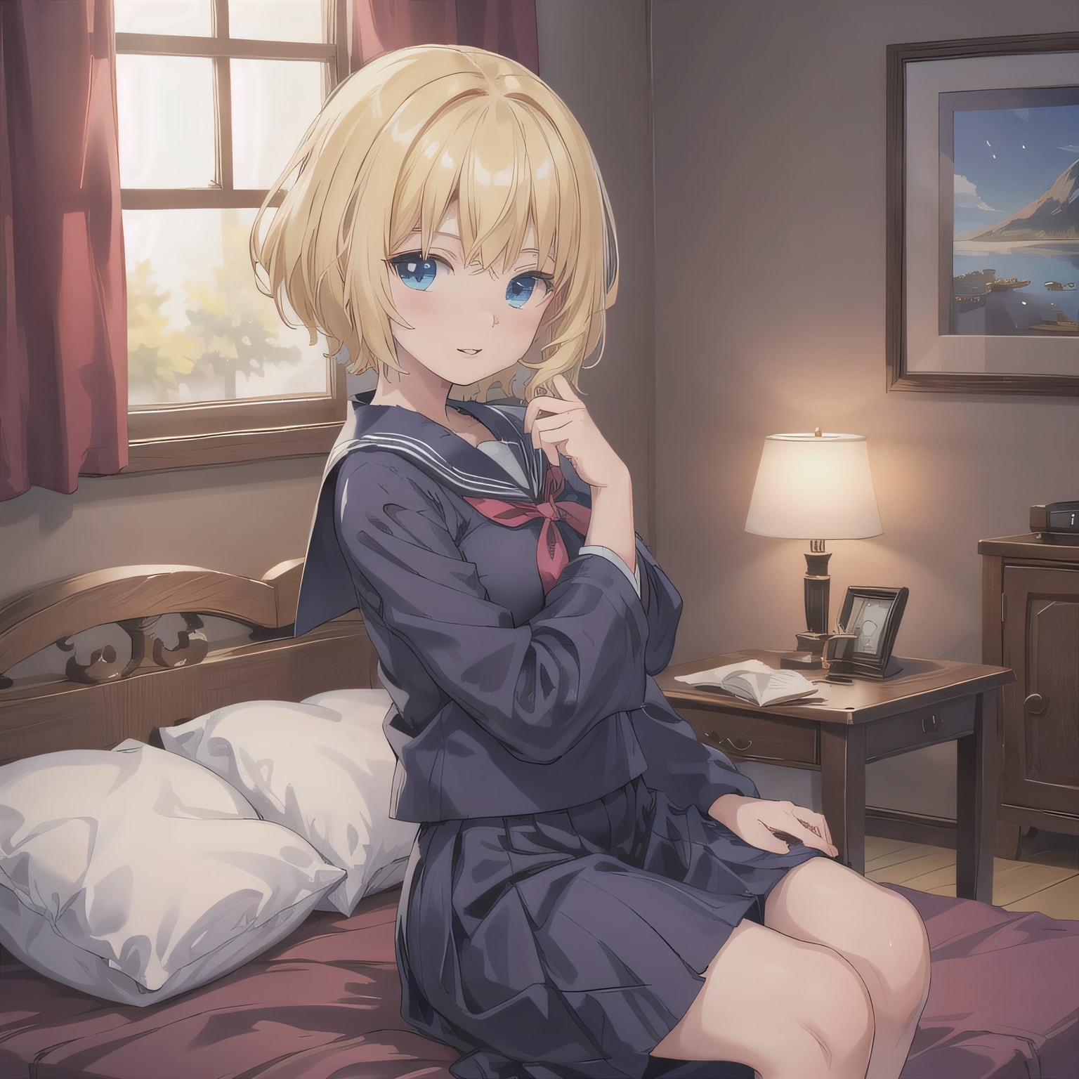 金髪ボブで寝室の少女２ | の人気AIイラスト・グラビア