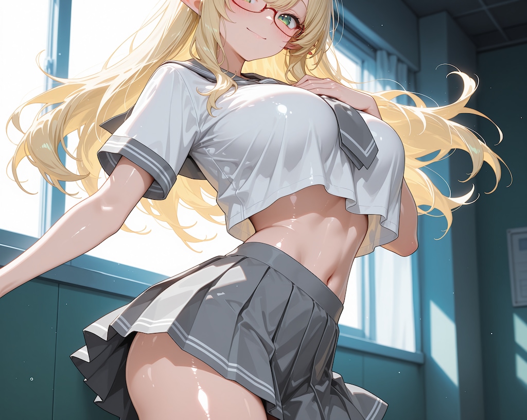 へそ出し金髪エルフさん♪