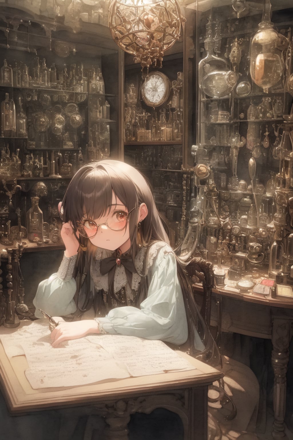 帳簿を見ながら考え事をしている店主