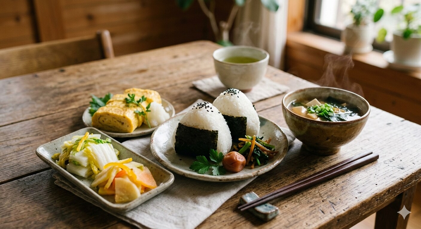 【朝食】オニギリ、白菜の漬物、卵焼き、味噌汁