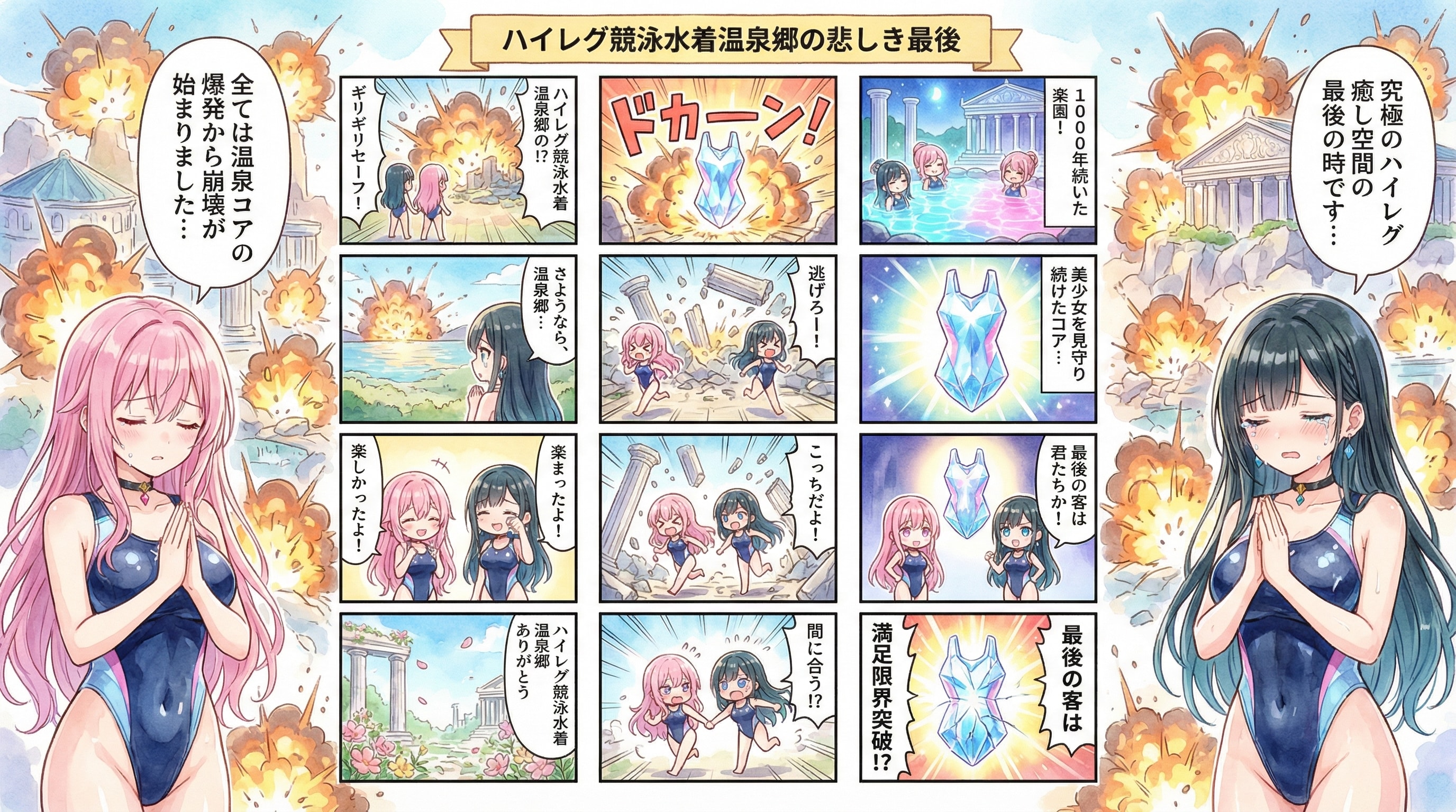 約束された爆発オチ💦ハイレグ競泳水着温泉郷の最後💦・・（1枚目、2枚目共に内容は大体同じです♪お好きな方をどうぞ😊♪） | の人気AIイラスト・グラビア