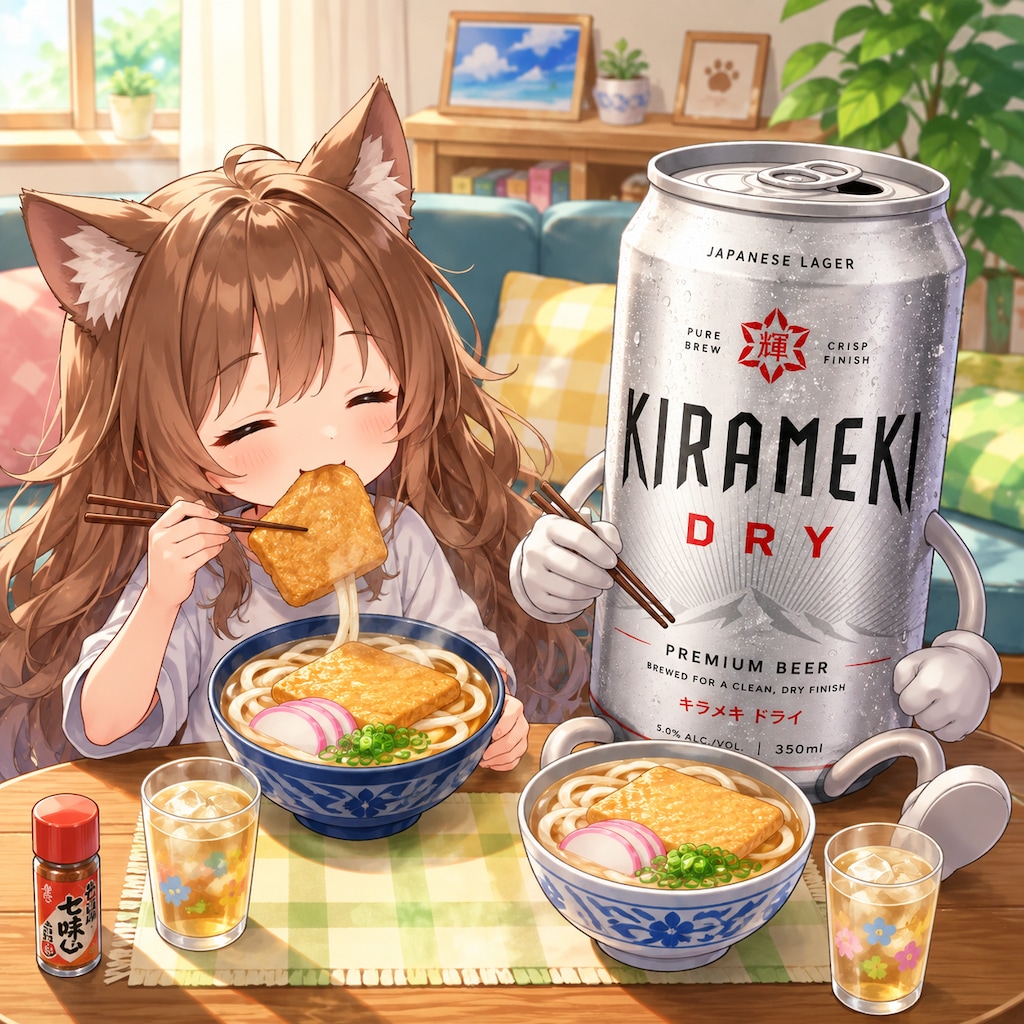 きつねうどんを食べる小さな女の子