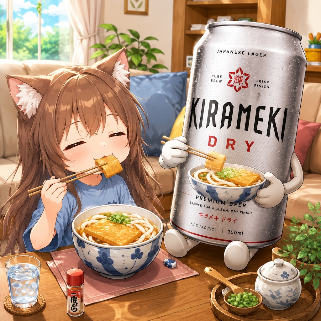 きつねうどんを食べる小さな女の子