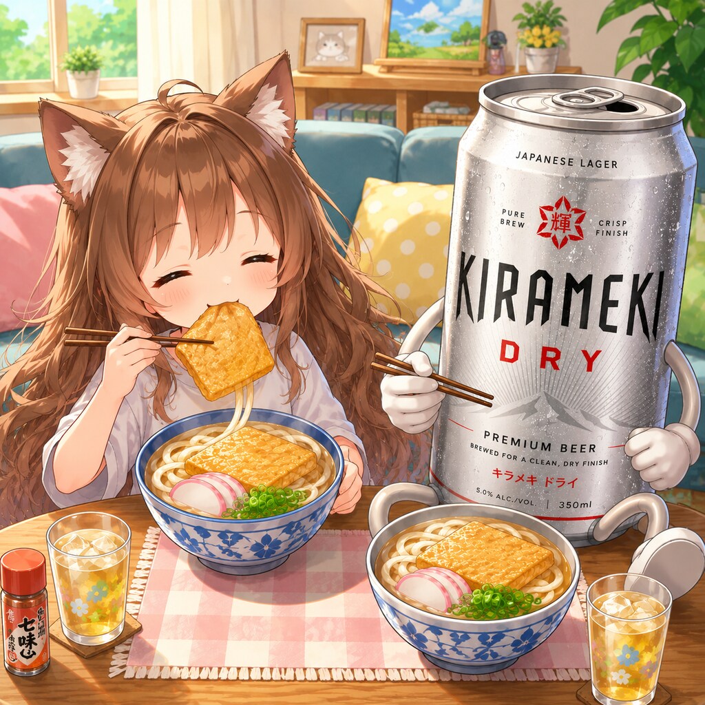 きつねうどんを食べる小さな女の子