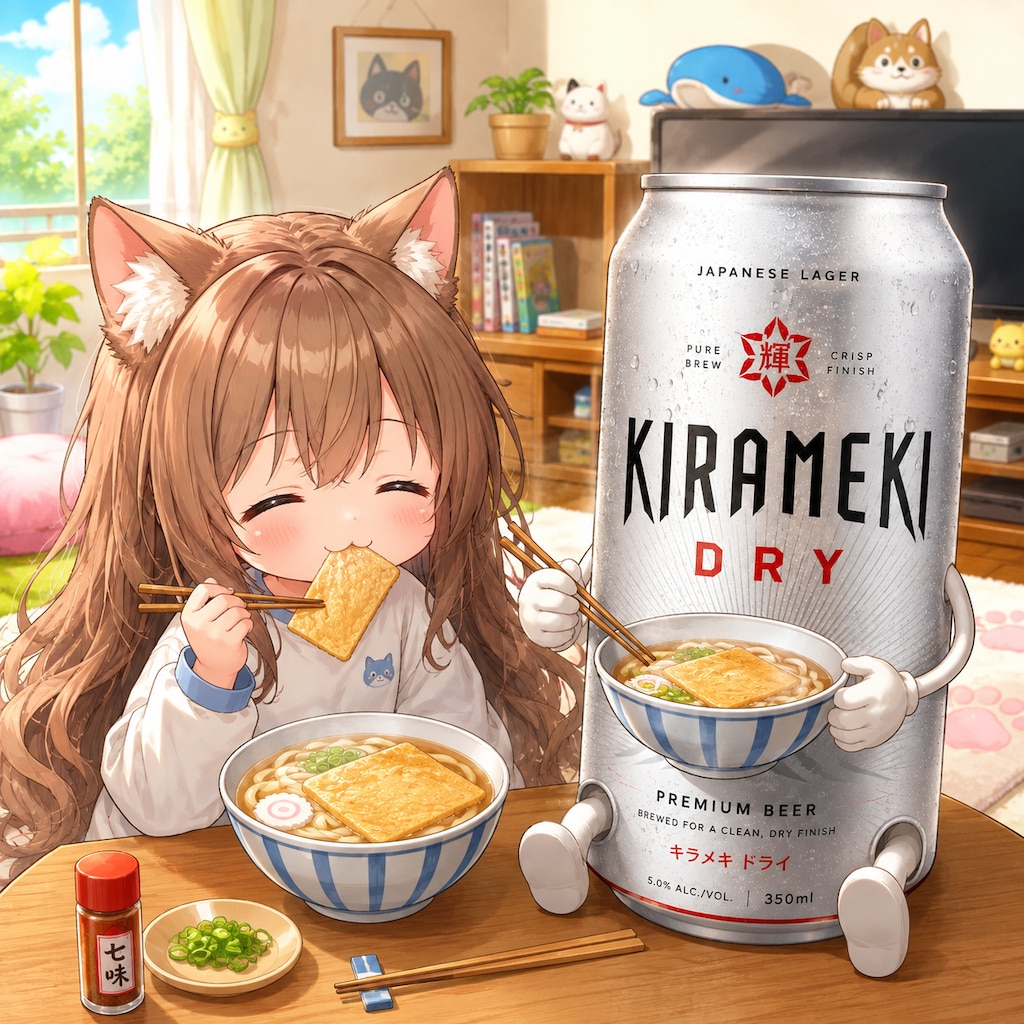きつねうどんを食べる小さな女の子