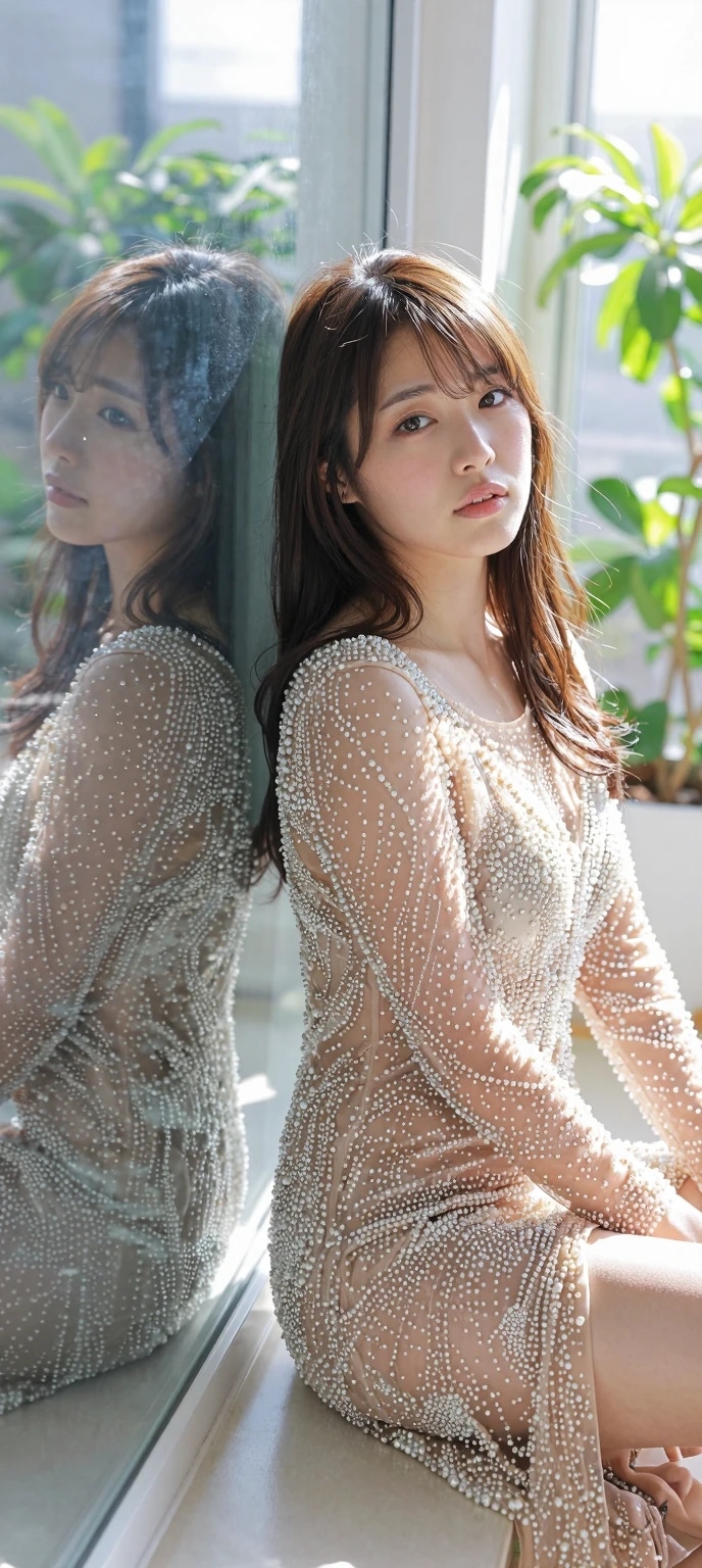 真珠のドレスと、窓辺の反射