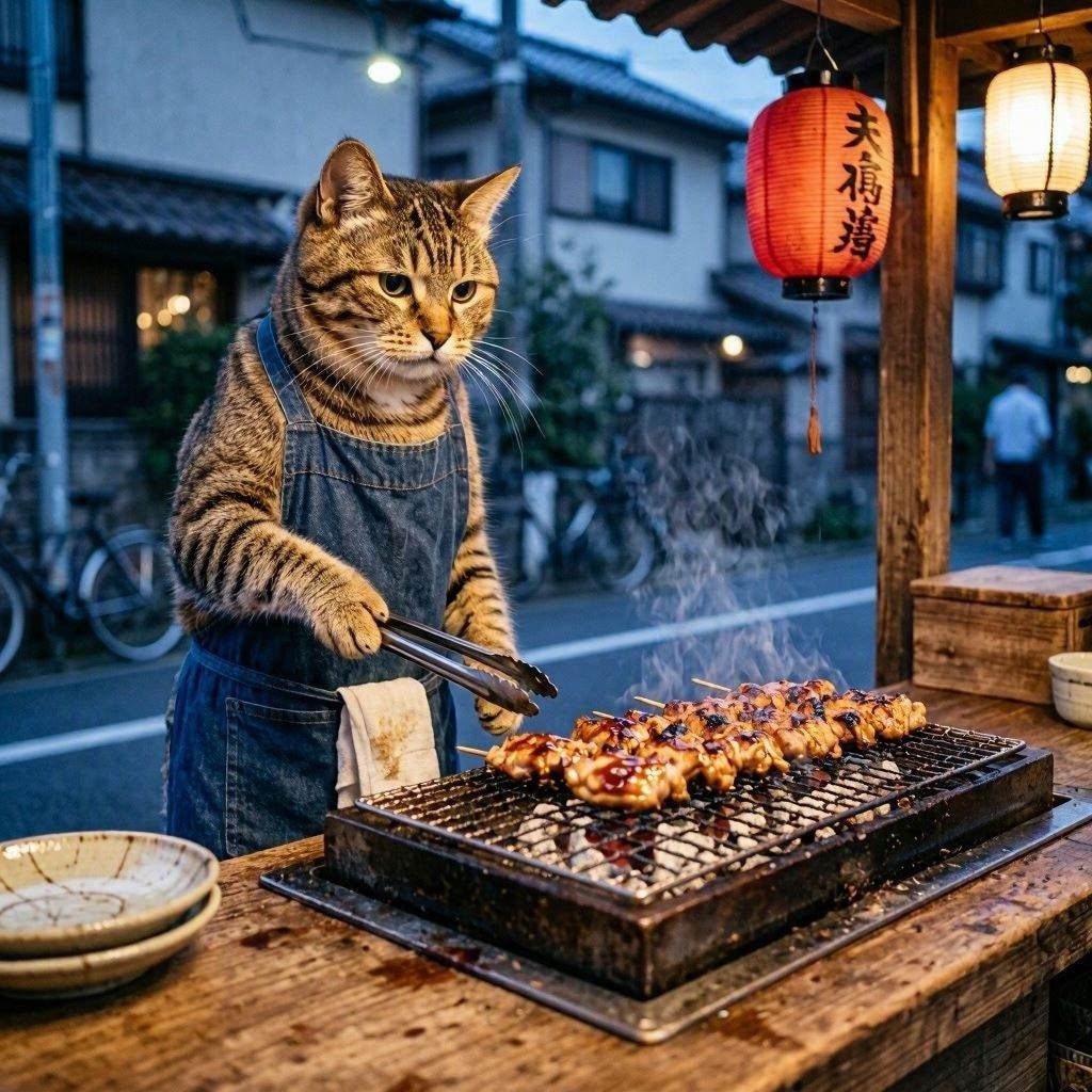 焼き鳥屋を経営する猫
