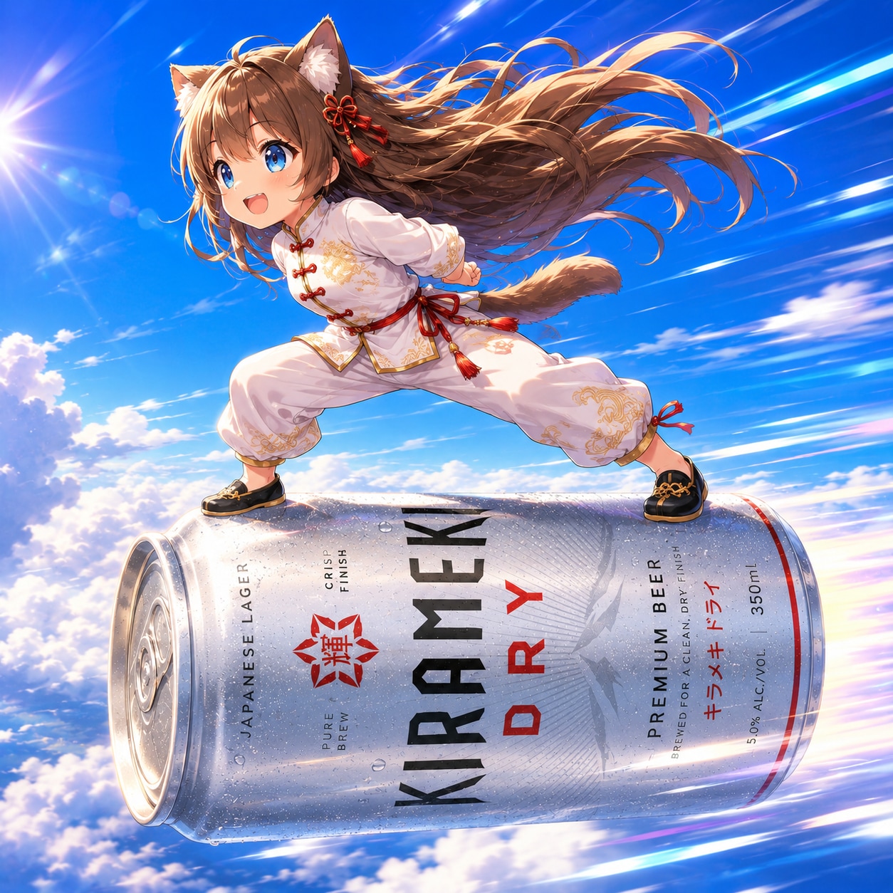 投げたビール缶に乗って空を移動する小さな女の子