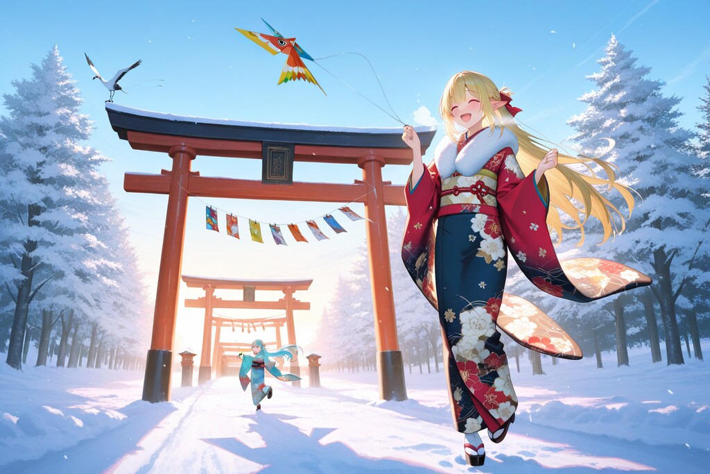 凧あげ？しているエルフの女の子