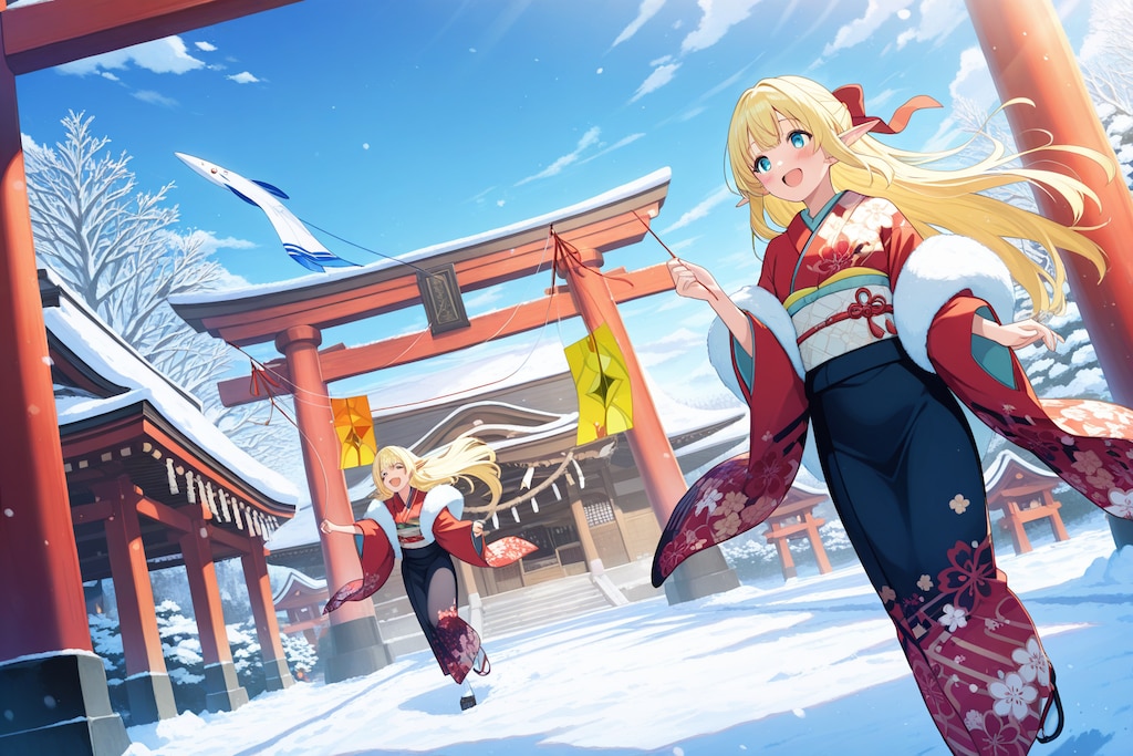 凧あげ？しているエルフの女の子