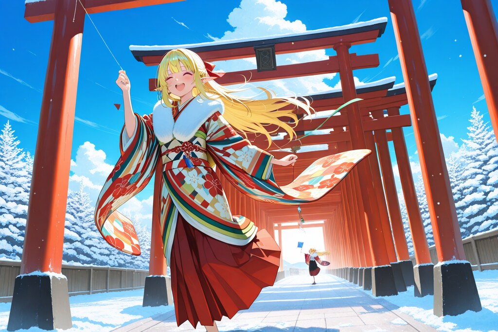 凧あげ？しているエルフの女の子