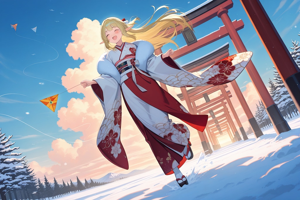 凧あげ？しているエルフの女の子