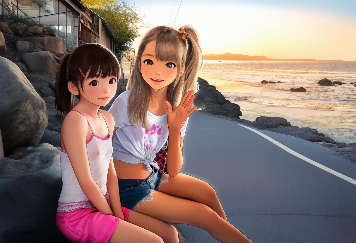 夕暮れの海を背景に座る二人