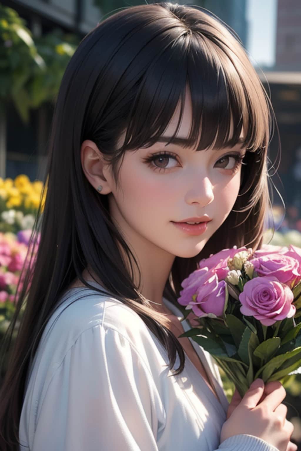 花束を抱き寄せる女性〈３〉