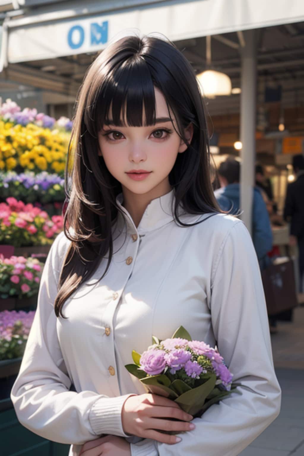 花束を抱き寄せる女性〈３〉