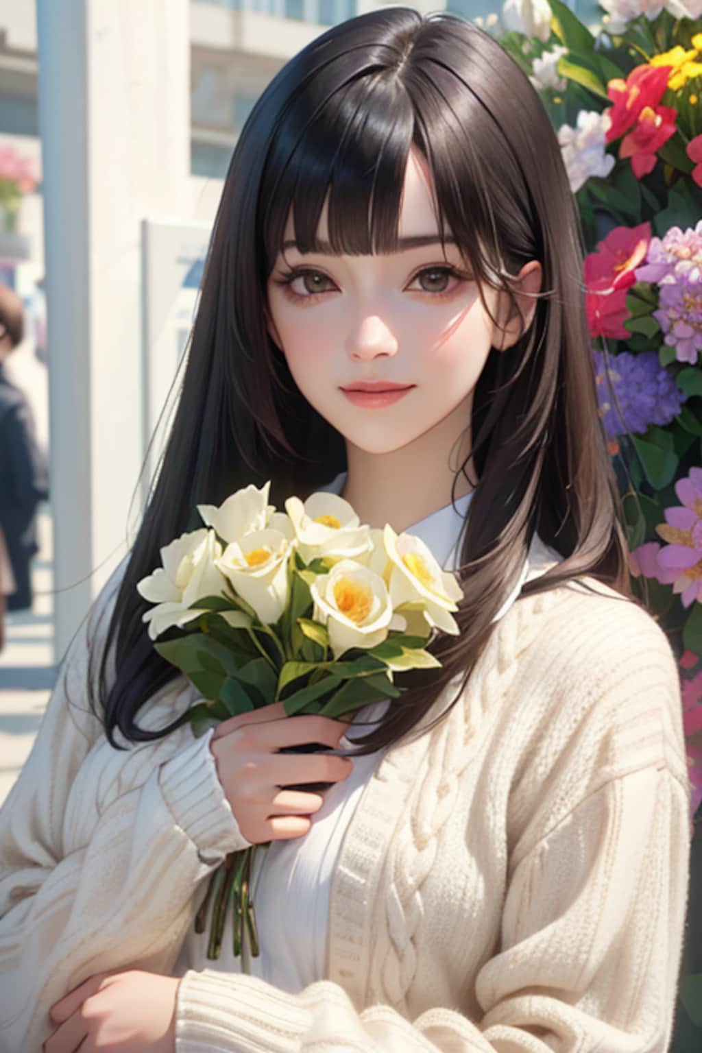 花束を抱き寄せる女性〈３〉