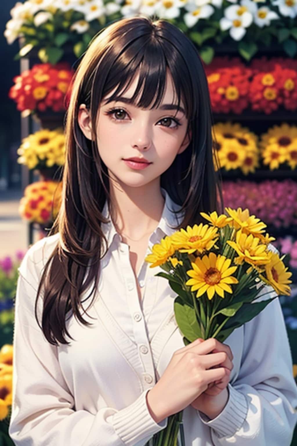 花束を抱き寄せる女性〈３〉