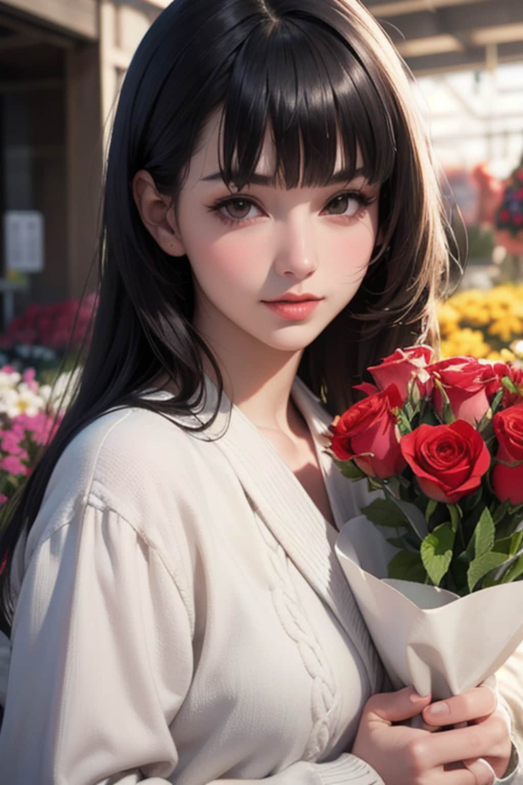 花束を抱き寄せる女性〈３〉