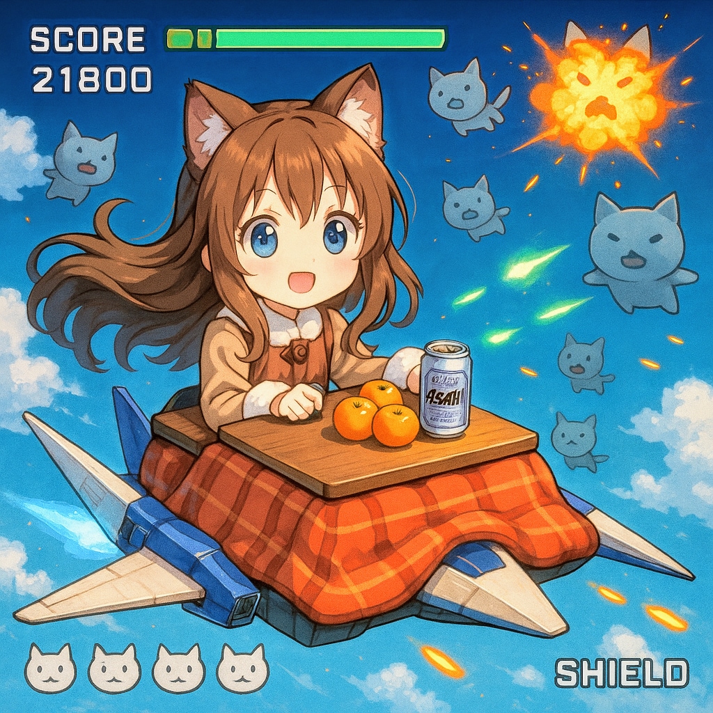 ネコをこたつ型戦闘機で撃ち落とす小さな女の子 | の人気AIイラスト・グラビア