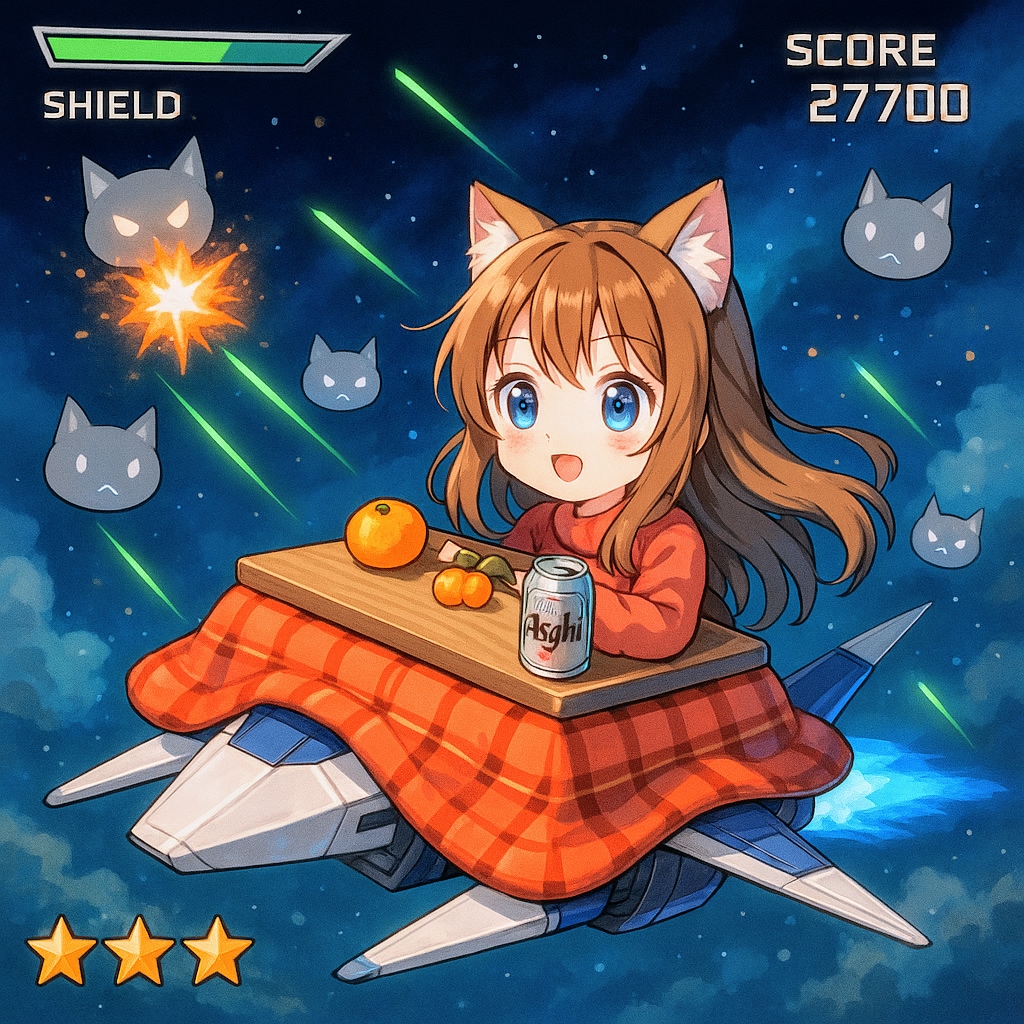 ネコをこたつ型戦闘機で撃ち落とす小さな女の子