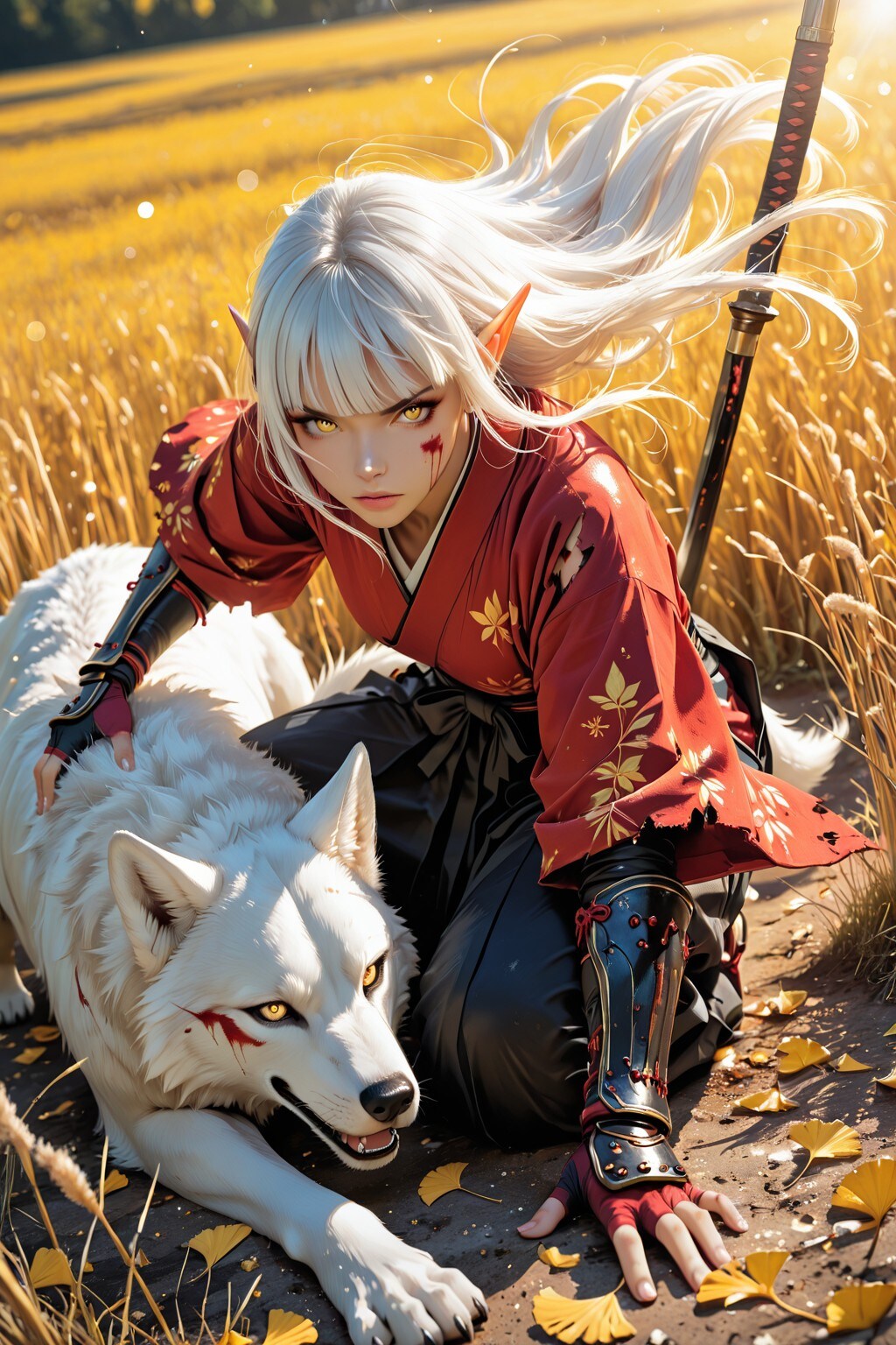 Beautiful Elf Ninja（エルフ忍者と相棒。「心配するな ほんのかすり傷だ。まだ敵が近くいるのか…」 | の人気AIイラスト・グラビア