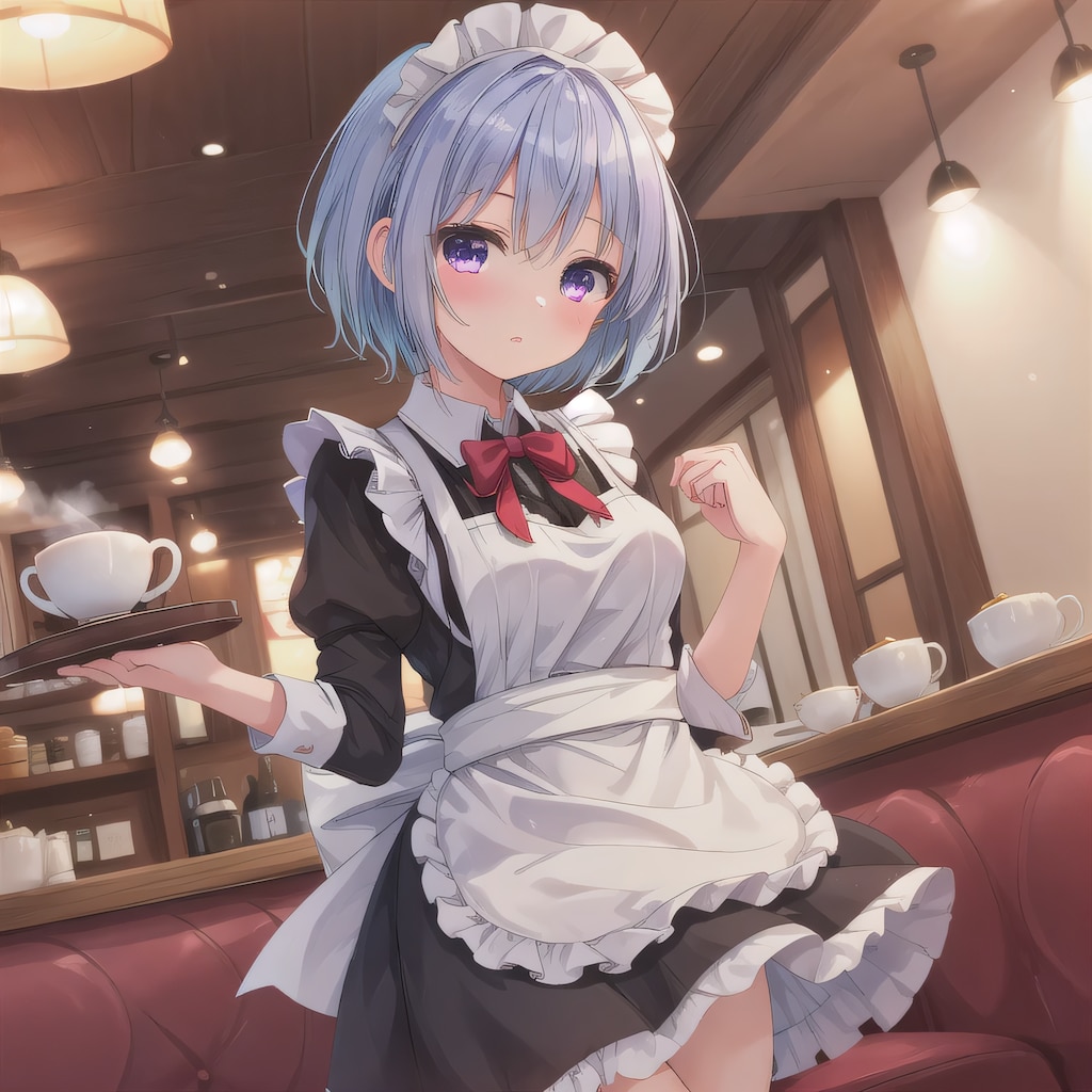 青髪ボブでカフェの少女