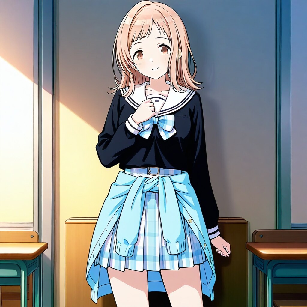 制服姿（セーラー服）にカーディガン腰巻をしている櫻木真乃