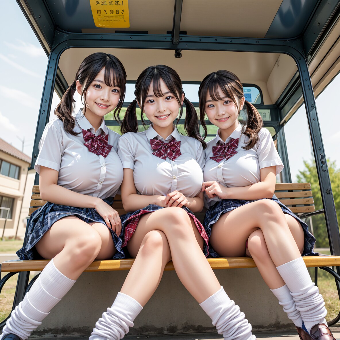 バス停でグラビア撮影