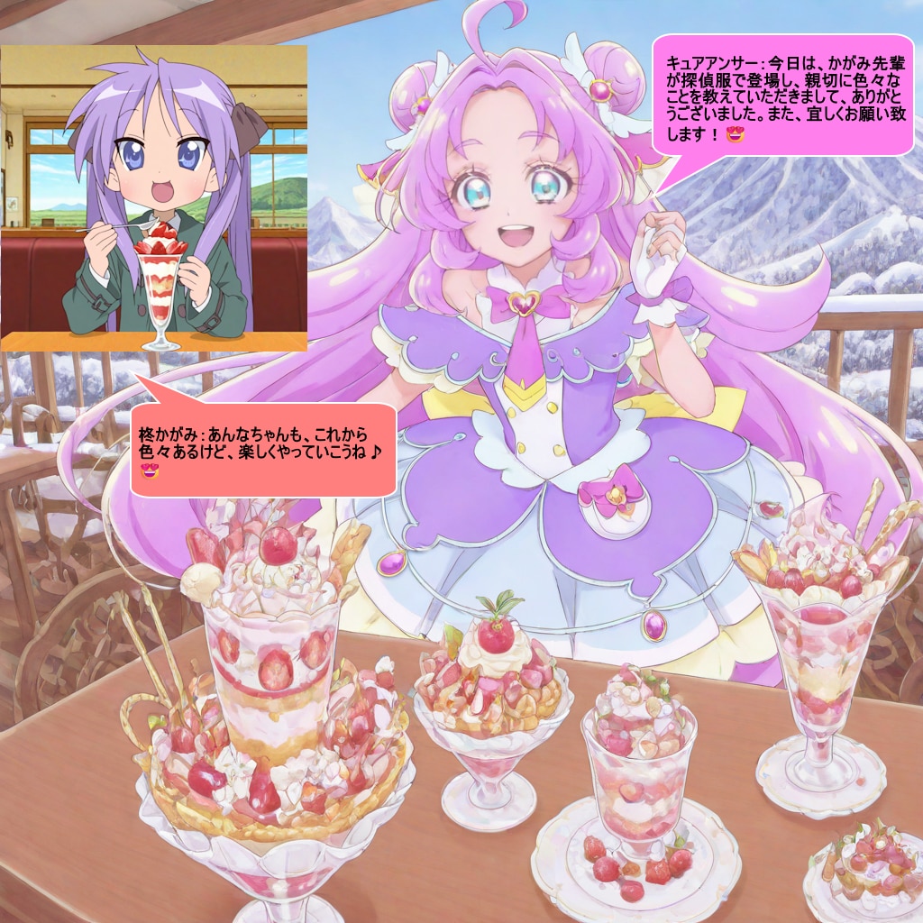 キュアアンサーと柊かがみ、パフェを食べながら会話する